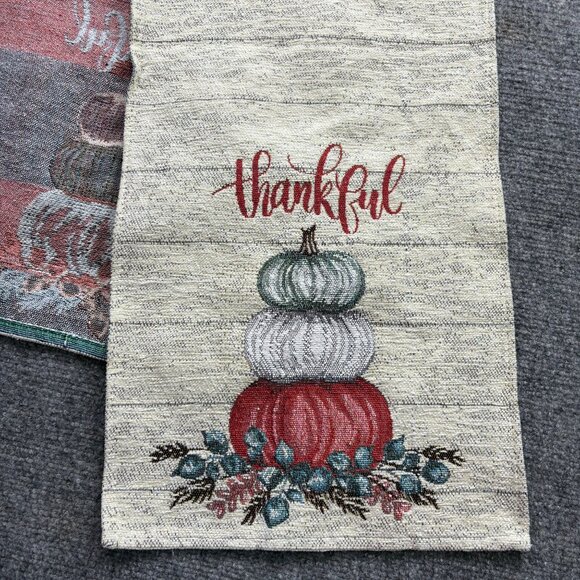 Thankful Fall Harvest Table Runner Woven Tapestry Pumpkins Floral 69” Holidays - Picture 7 of 11